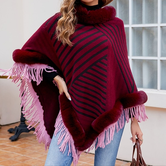 Plush Faux Fur Retro Fringe Stripe Pullover Oversized Warm Knit Poncho Cardigan - Picture 5 of 14